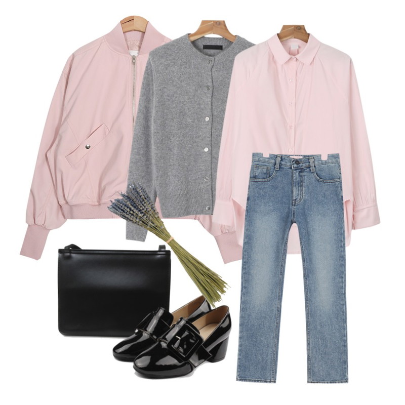 daily monday Shirring natural shirt,daily monday Color angora cardigan,AIN pastel color flight jumper (3 colors)등을 매치한 코디