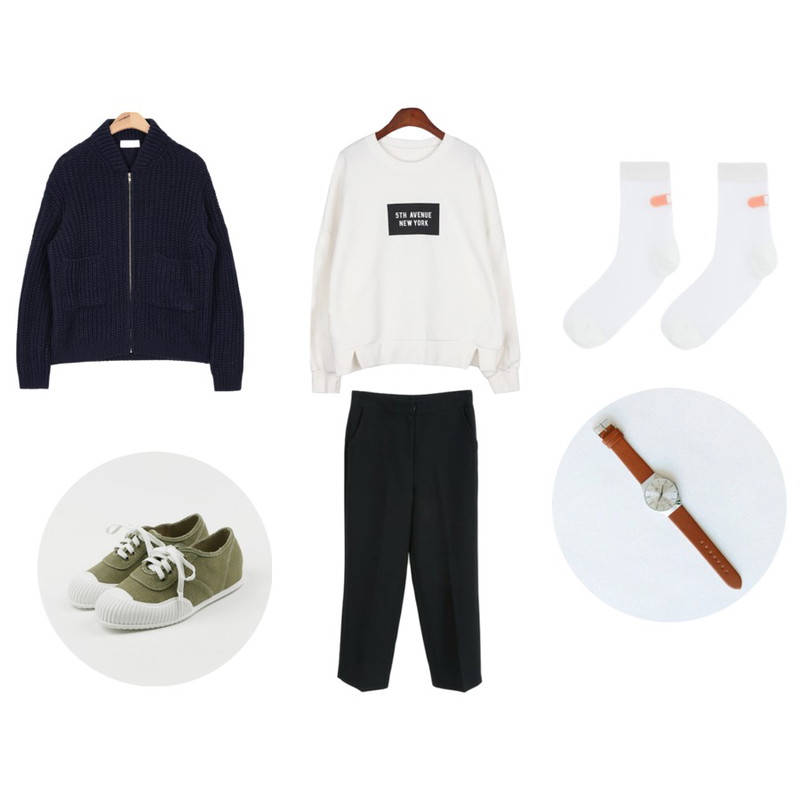 AIN loose zip-up cardigan (3 colors),BANHALA 살짝쿵트임 티셔츠,Zemma World 젠틀-슬렉스 (ver.세미통) 등을 매치한 코디
