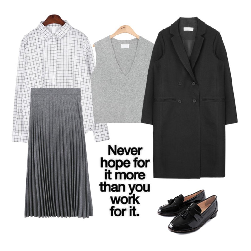 daily monday Wool long skirt,BANHALA 네모네모 남방,AIN V-neck angora knit vest (3 colors)등을 매치한 코디