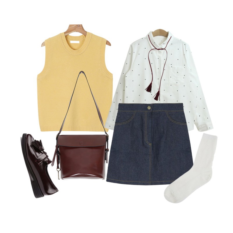 daily monday Round basic knit vest,MIXXMIX 에단 데님 스커트,TODAY ME [shirt]캔디팝 도트 셔츠등을 매치한 코디