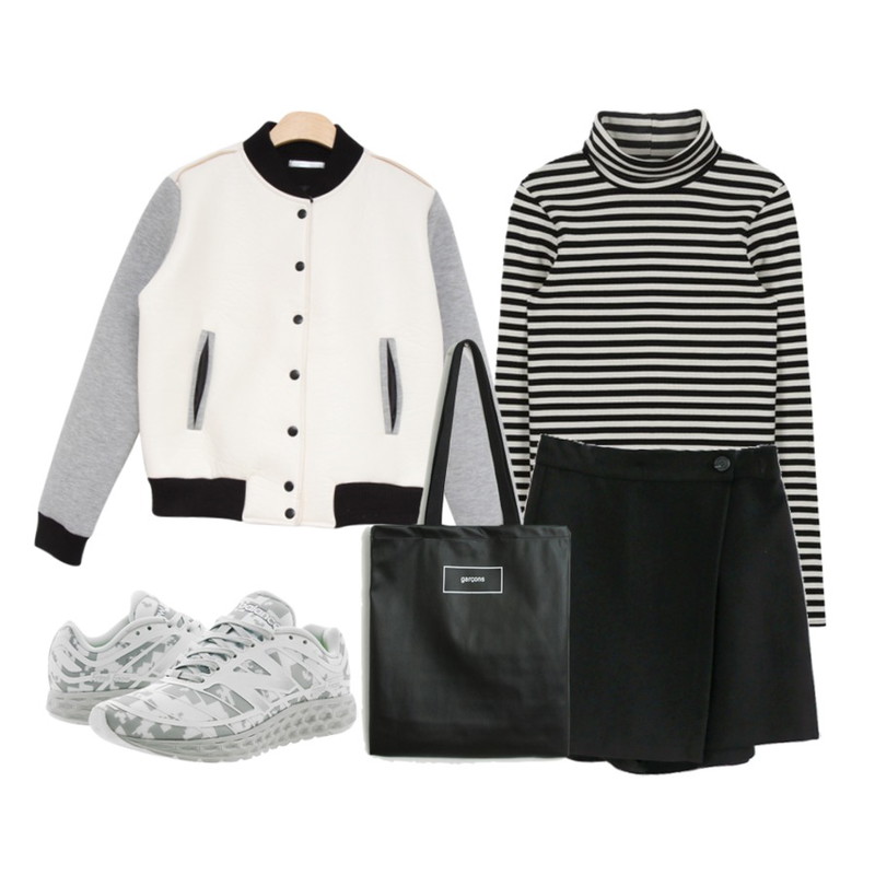 MIND ME 스타디움  [Jumper] ,common unique  DODO PANTS SKIRT,MIXXMIX ONLY MIX Stripe high neck등을 매치한 코디