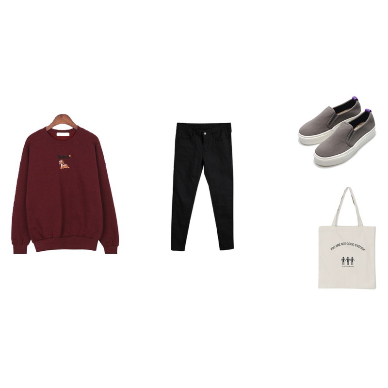 Reine Bow Banding Slip-On ,Zemma World 코튼-파스텔 (skinny),BANHALA 밤비기모 티셔츠등을 매치한 코디