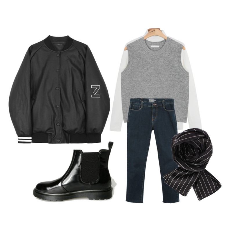 daily monday Peach pola tee,MIXXMIX HIDE AND SEEK포인트 레더 블루종한정할인입고 완료,AIN wool round-neck knit vest (4 colors)등을 매치한 코디