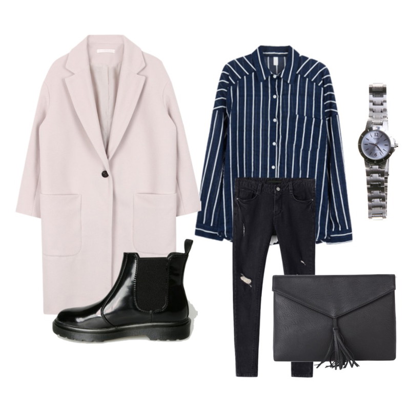 MIXXMIX 치인트 홍설 패션포인트 스트라이프 블라우스,Reine 데미지 스키니 팬츠,biznshoe Pocket long coat (4color)등을 매치한 코디