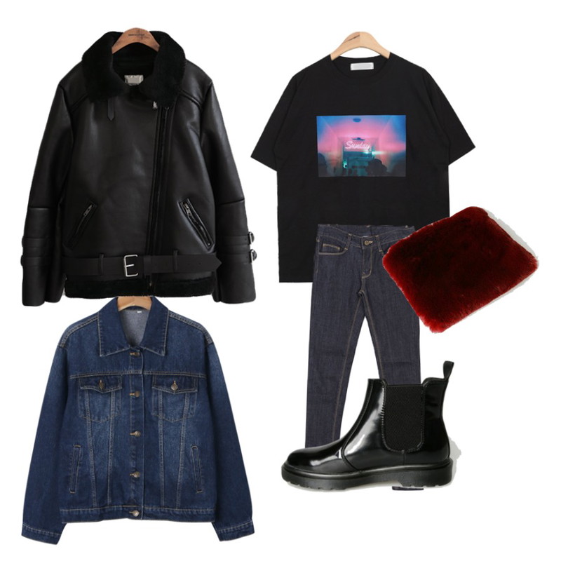 common unique [OUTER] HIGH NECK WOOL MUSTANG,AIN sunday printing T (2 colors)화이트/주문폭주! 일시품절,daily monday Vintage stitch denim jacket등을 매치한 코디
