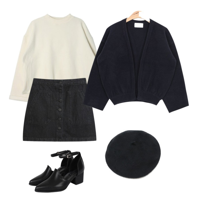 DORA 컷팅롤업MTM,AIN balloon fit short cardigan (2 colors),TODAY ME [skirt]마드 데님 스커트등을 매치한 코디