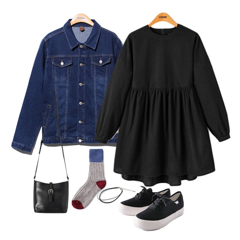 Reine Focus Loose Fit Denim Jacket ,Reine 샌디 통굽 스니커즈,Reine 클라리나 코튼 원피스 등을 매치한 코디