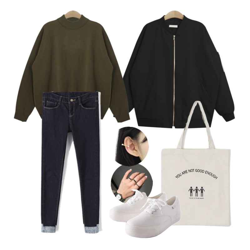 Reine 워시 기모 스키니 팬츠,TODAY ME [jumper]러버스 점퍼,TODAY ME [knit]클로디 니트등을 매치한 코디