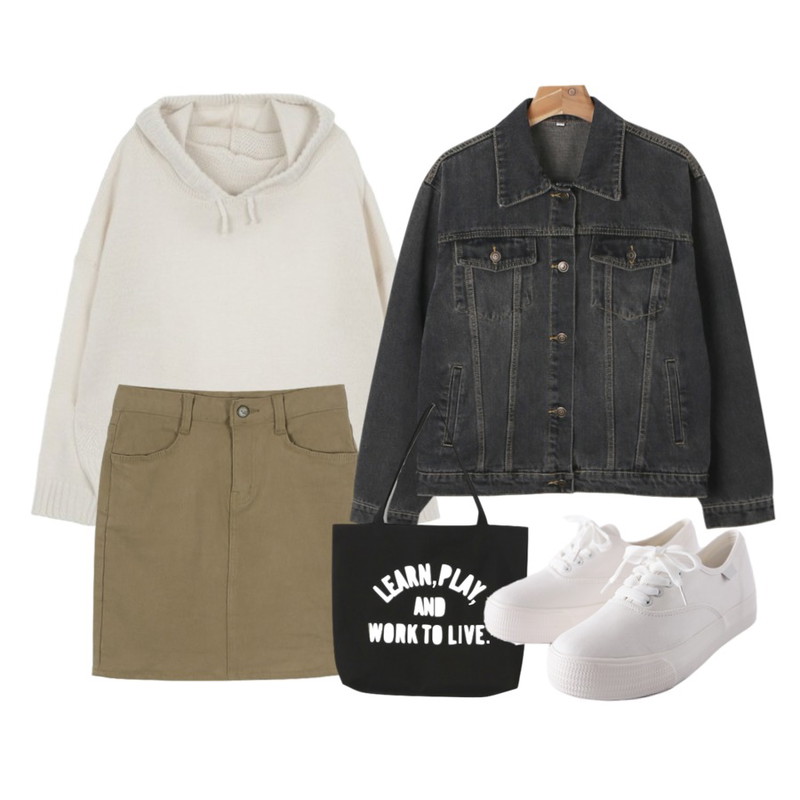daily monday Warm cotton mini skirt,MIXXMIX 샤니 후드 니트,daily monday Vintage stitch denim jacket등을 매치한 코디