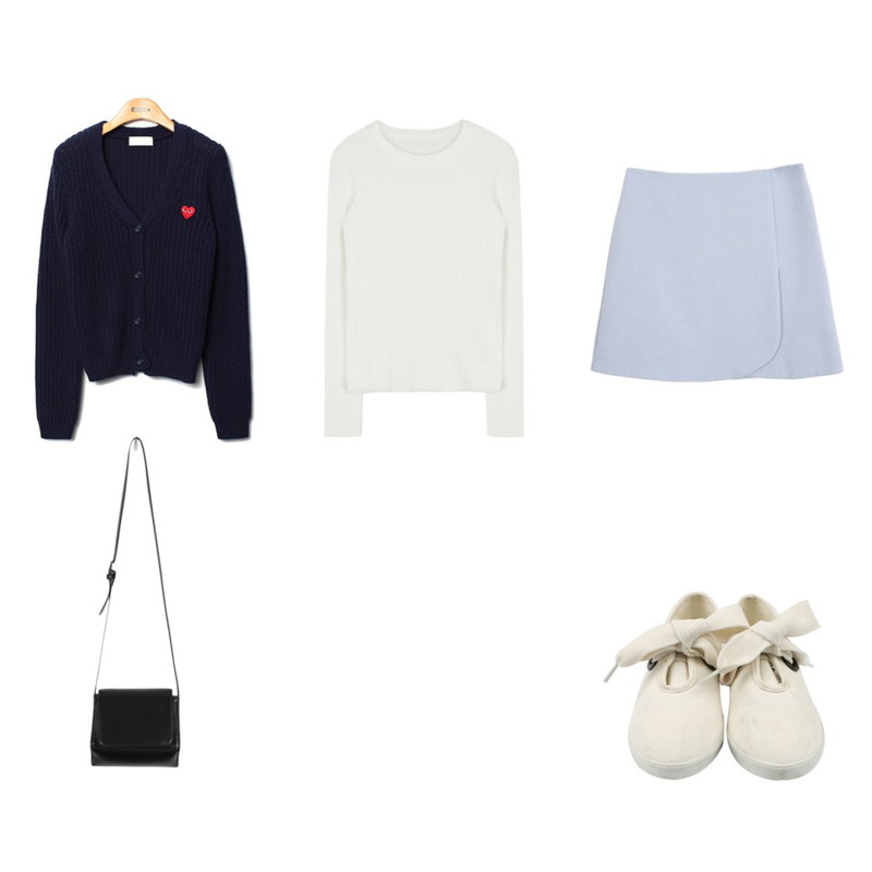 Reine Unique Patch V-Neck Cardigan,MIXXMIX 머랭 라운드 니트,Zemma World 수줍은꽃잎 (sk)등을 매치한 코디
