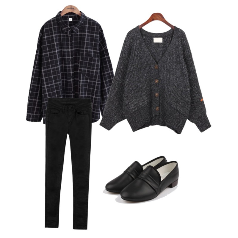 MIXXMIX 450 블랙 코팅 팬츠,common unique  POLE CHECK SHIRTS,BANHALA 해피투게더 가디건등을 매치한 코디