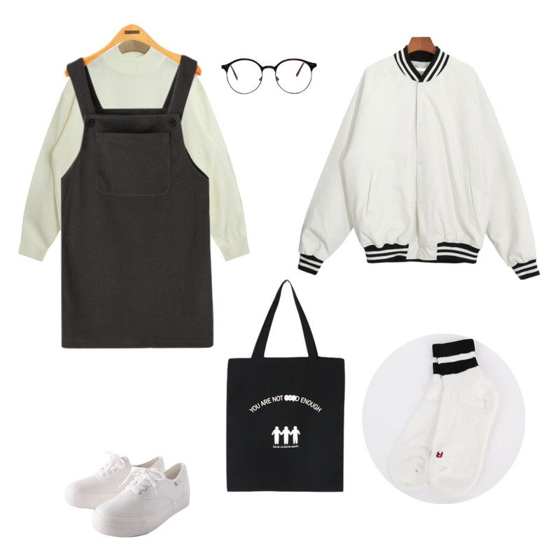 DORA 레자심플JP,Reine 머스크 서스펜더 원피스,TODAY ME [knit]클로디 니트등을 매치한 코디