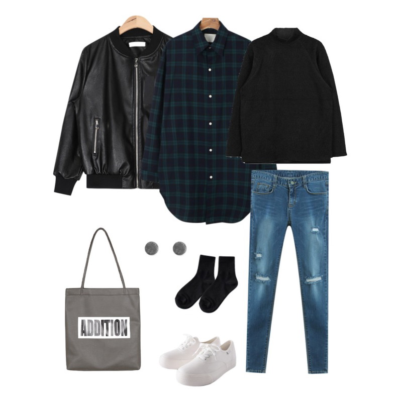 MIXXMIX 텐더 소프트 티셔츠,AIN fake leather flight jumper,daily monday Color long check shirt등을 매치한 코디