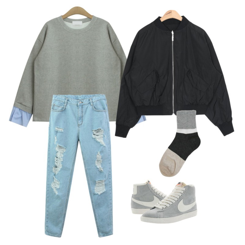 Player 나이키 블레이져 미드 스웨이드 빈티지 울프 그레이 오렌지 (W BLAZER MID SUEDE VNTG),AIN reversible flight jumper (2 colors) ,TODAY ME [knit]커틀 니트등을 매치한 코디