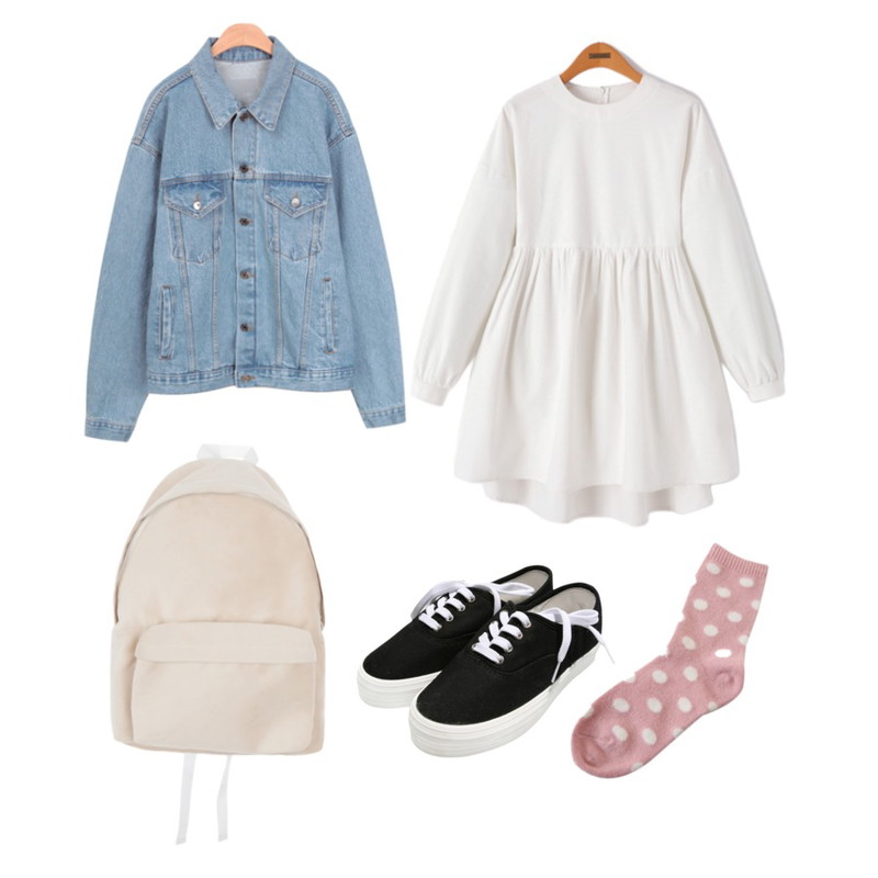 common unique [OUTER] BOXY BASIC DENIM JACKET,DORA 베이직통굽스니커즈,Reine 클라리나 코튼 원피스 등을 매치한 코디