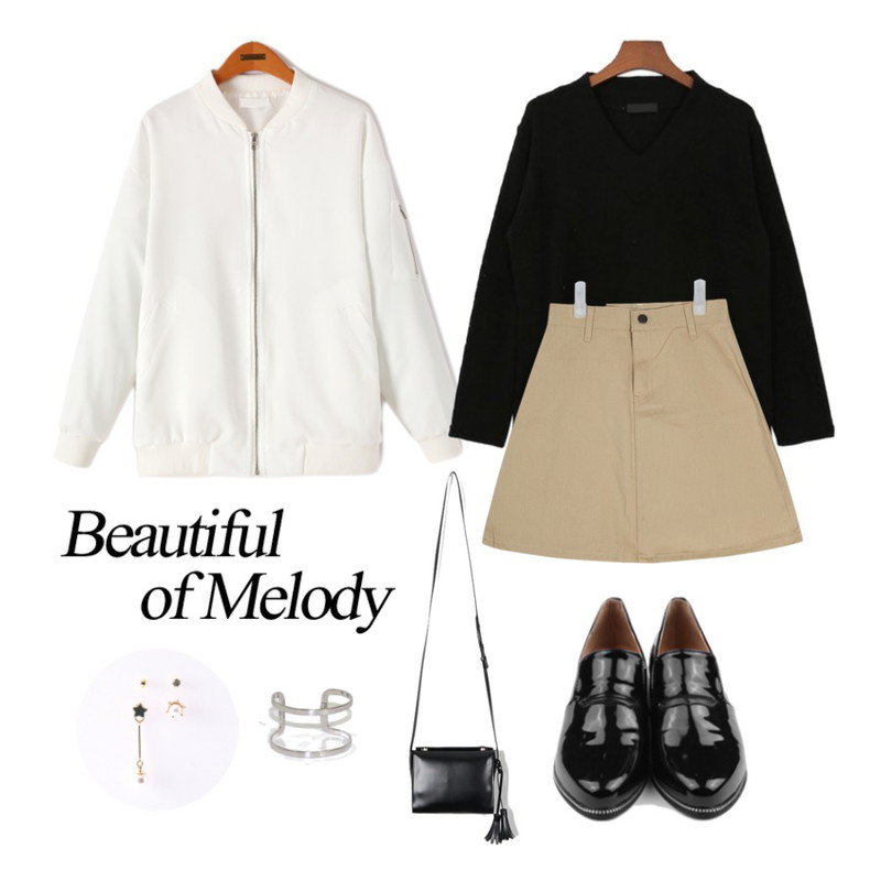 AIN basic A-line skirts (4 colors),DORA 네크골지니트,Reine 크레이터 모노 항공 점퍼등을 매치한 코디