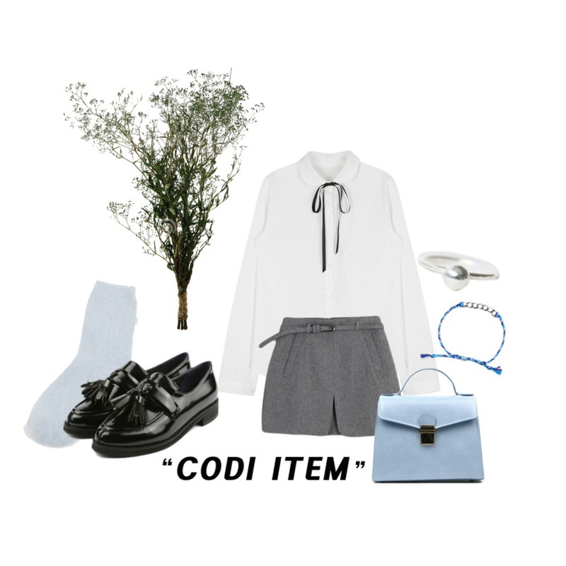 daily monday Angora ankle socks,MIXXMIX 칸나 리본 셔츠,SOMEDAYS 벨트 랩 스커트(2color) / 일시품절 , 3/2일 재입고됩니다!ㅠㅠ등을 매치한 코디