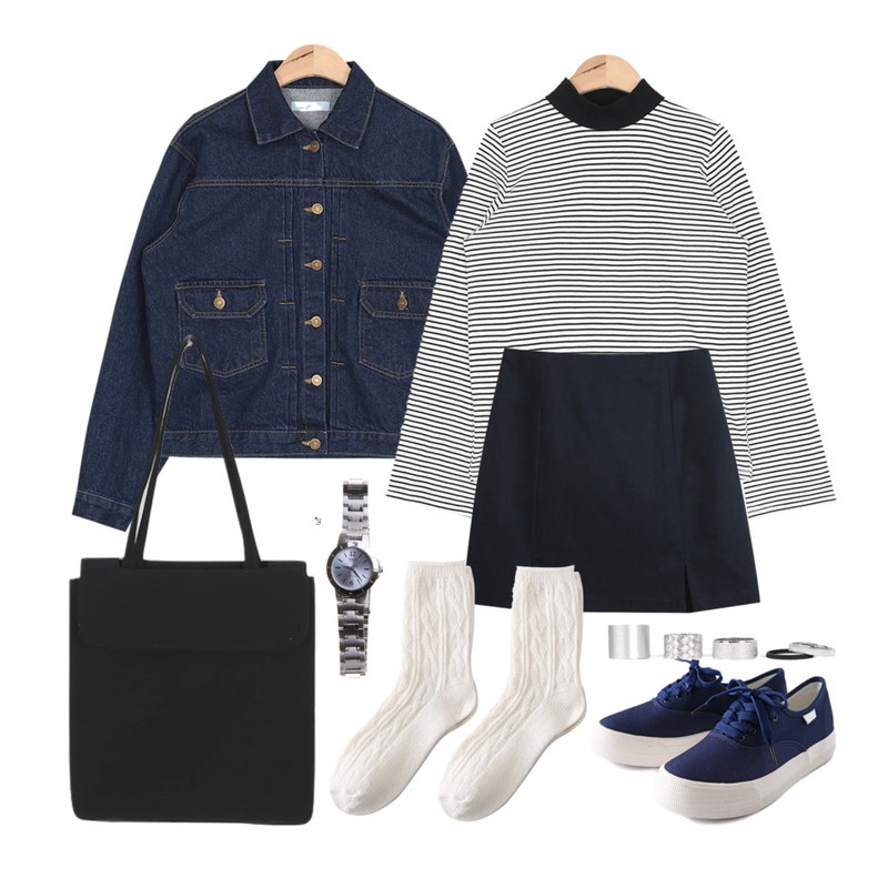 AIN must denim jacket (2 colors),AIN wide sleeve stripe half neck T (3 colors),TODAY ME [skirt]모느 절개 스커트등을 매치한 코디
