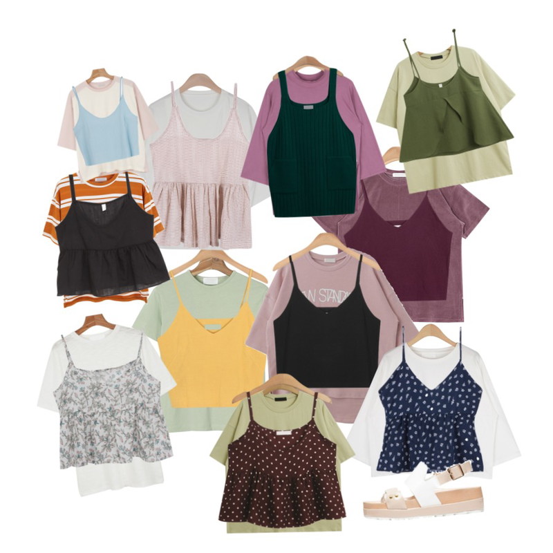 AIN soft color velvet T (3 colors),AIN shot cotton bustier (3 colors),daily monday Silky basic round tee등을 매치한 코디