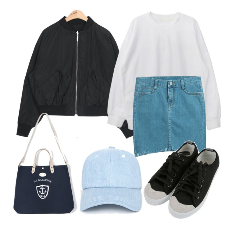 AIN reversible flight jumper (2 colors) ,TODAY ME [skirt]베리타 데님 스커트,DORA 스프링스MTM등을 매치한 코디