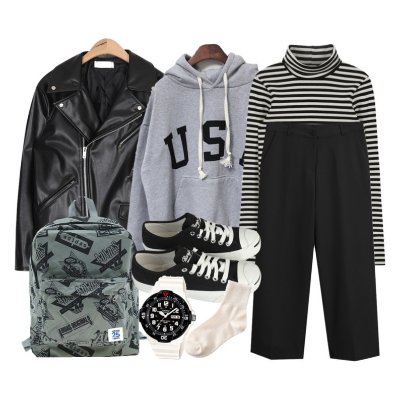 MIXXMIX ONLY MIX Stripe high neck,BANHALA 두툼기모 USA후드티,AIN standard gloss rider jacket 등을 매치한 코디