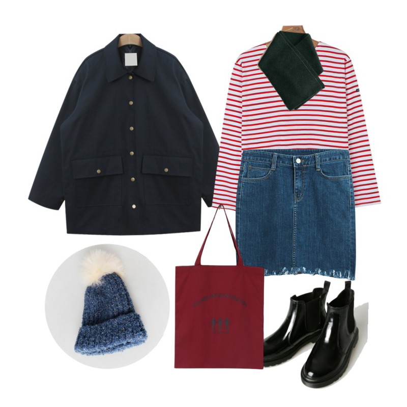 TODAY ME [jacket]비숑 자켓,TODAY ME [skirt]베리타 데님 스커트,daily monday Spring color stripe tee등을 매치한 코디