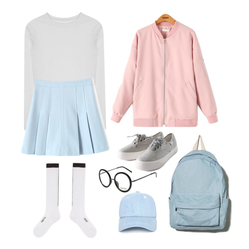 Reine Coming  Backpack,Reine 노브레인 플리츠 스커트 ,MIXXMIX 에디스 크롭 티셔츠등을 매치한 코디