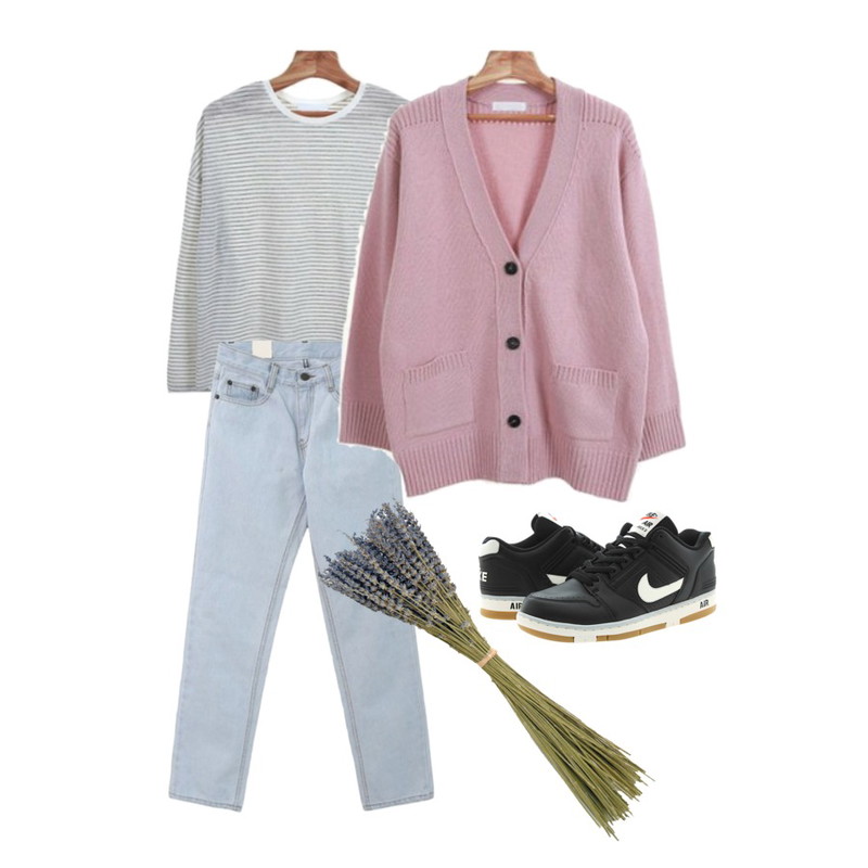 Zemma World 기대도돼 (cardigan),DORA 데님배기PT,Zemma World 마틸다 (stripe t)등을 매치한 코디
