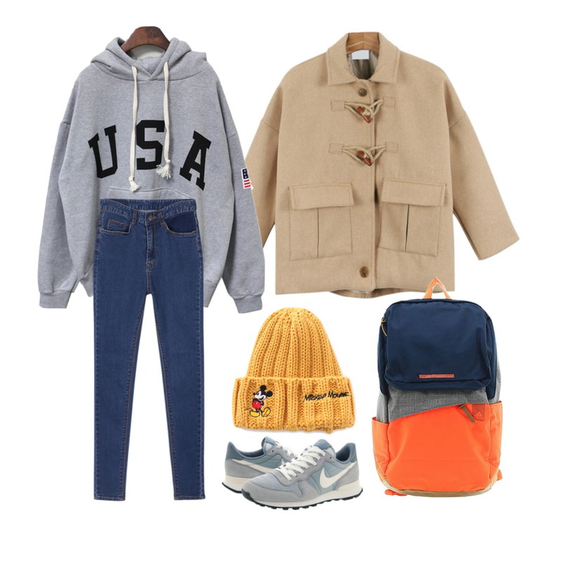 daily monday Duffle short coat,daily monday Color high denim skinny,BANHALA 두툼기모 USA후드티등을 매치한 코디