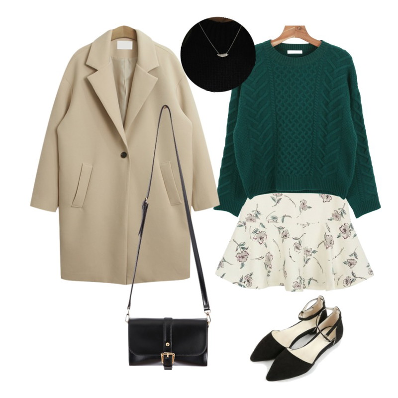 daily monday Twist round knit,MIXXMIX 쟈스민 플라워 스커트,TODAY ME [jacket]바뉴 코트2등을 매치한 코디