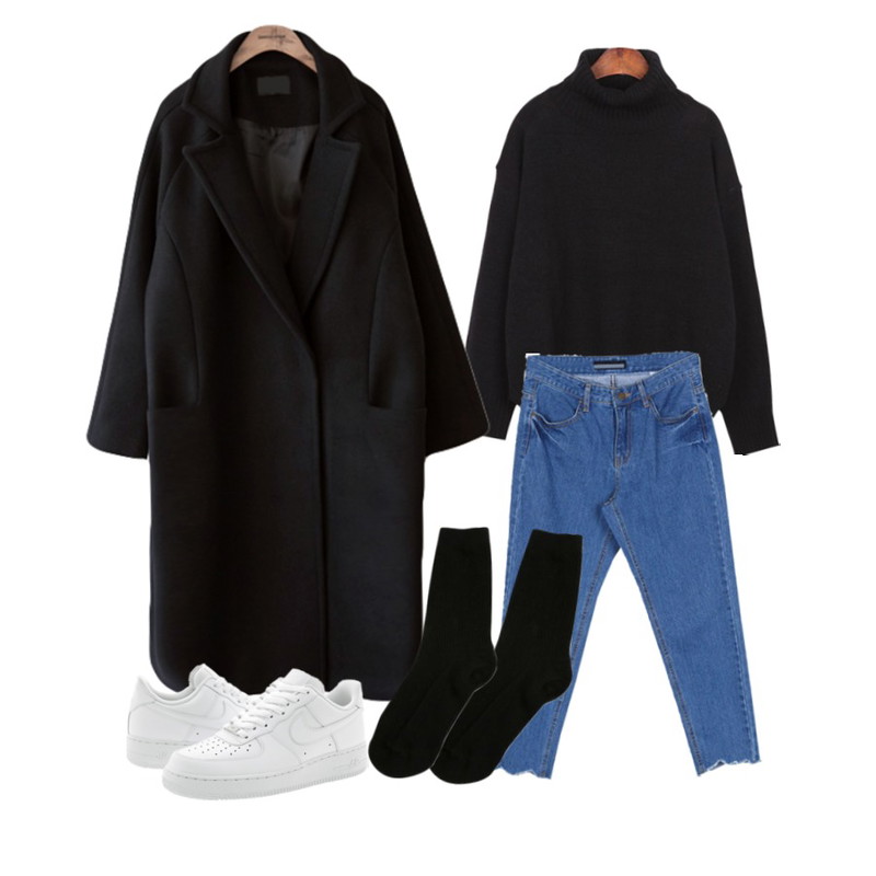 common unique [OUTER] HIDDEN MINIMAL COAT,BANHALA 메모링 팬츠,BANHALA 로맨티아 니트등을 매치한 코디