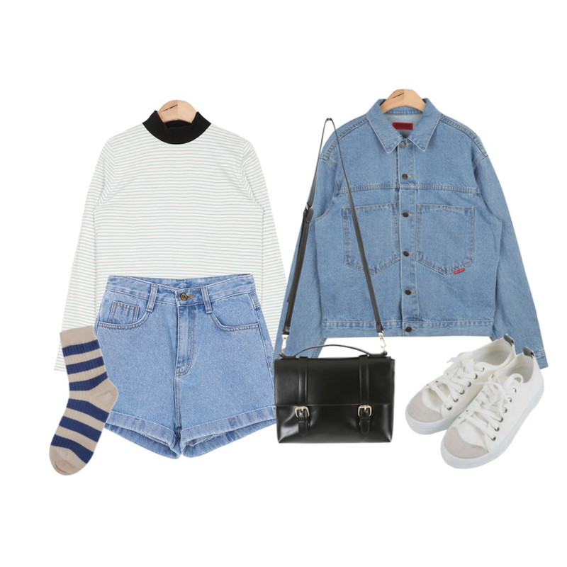 AIN vintage outfit denim jacket (2 colors),AIN wide sleeve stripe half neck T (3 colors),BANHALA 바이젠 팬츠등을 매치한 코디