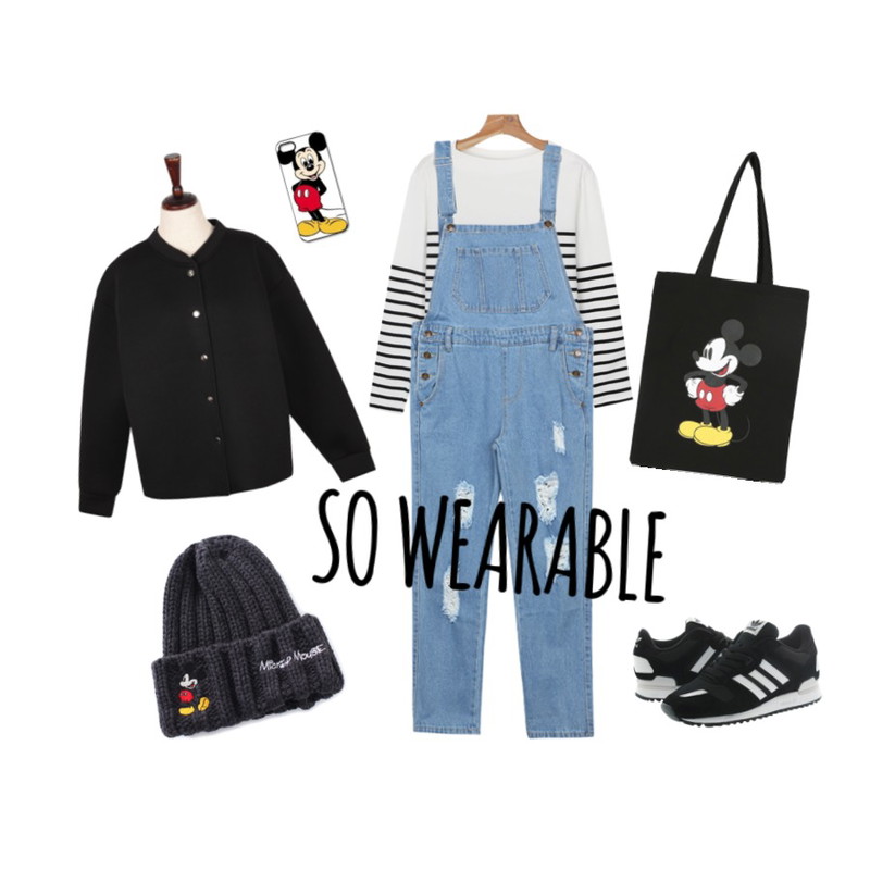daily monday Disney micky eco bag,Reine 미키 걸즈 니트 비니,BANHALA 우연히봄 점퍼등을 매치한 코디