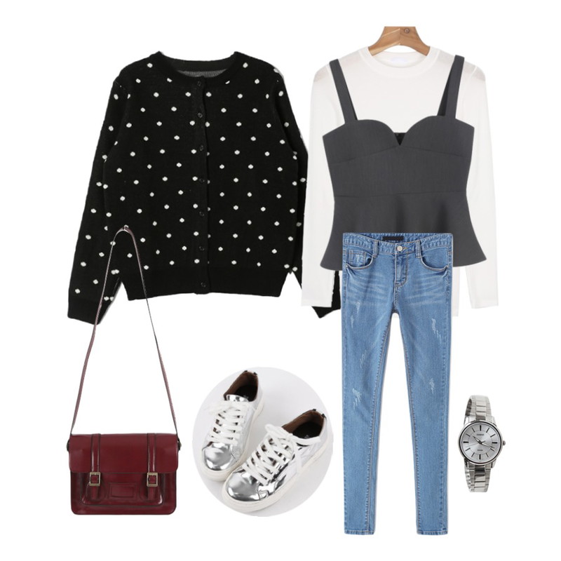 SOMEDAYS 라인케미(2color) /주문폭주 ♥,DORA 도트가디건,daily monday Tencel slim tee등을 매치한 코디