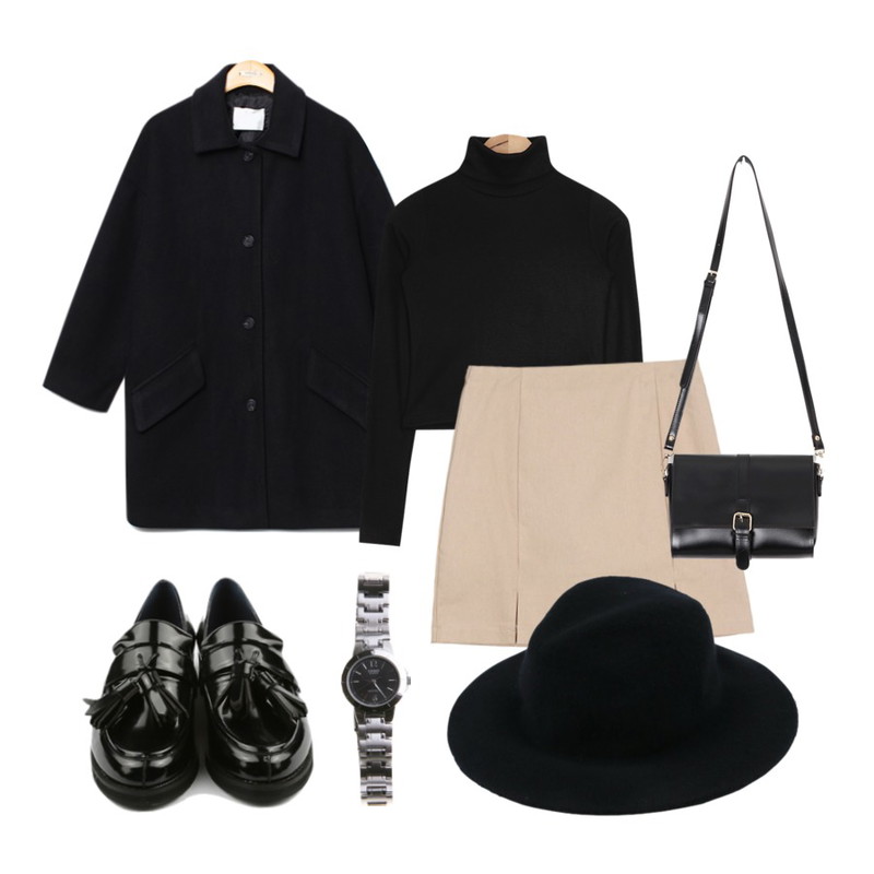 Reine Celine Fly Front Coat  ,AIN high-pola crop T (2 colors),BANHALA 날씬트임 스커트등을 매치한 코디