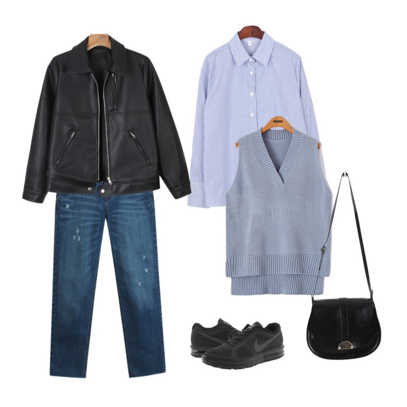 BANHALA 이클립스 남방,TODAY ME [denim]아보크 데님 팬츠,Reine 시그널 니트 베스트등을 매치한 코디