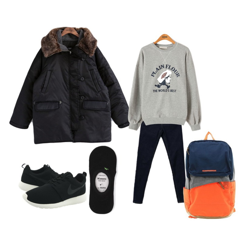 common unique [OUTER] WONTED PADDING JUMPER,DORA 생지스키니P,Reine 에드 플레인 스웨트 셔츠등을 매치한 코디