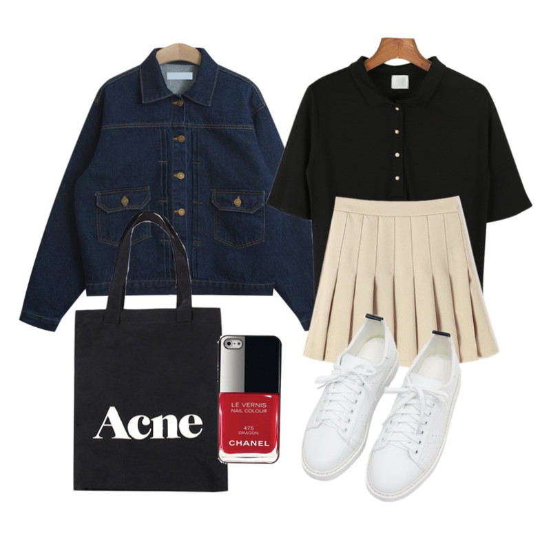 daily monday Standard button tee[카라티,헨리넥,반팔티,데일리,티셔츠,여자],TODAY ME [jacket]보닝 데님 자켓,Reine 플래그 테니스 스커트등을 매치한 코디