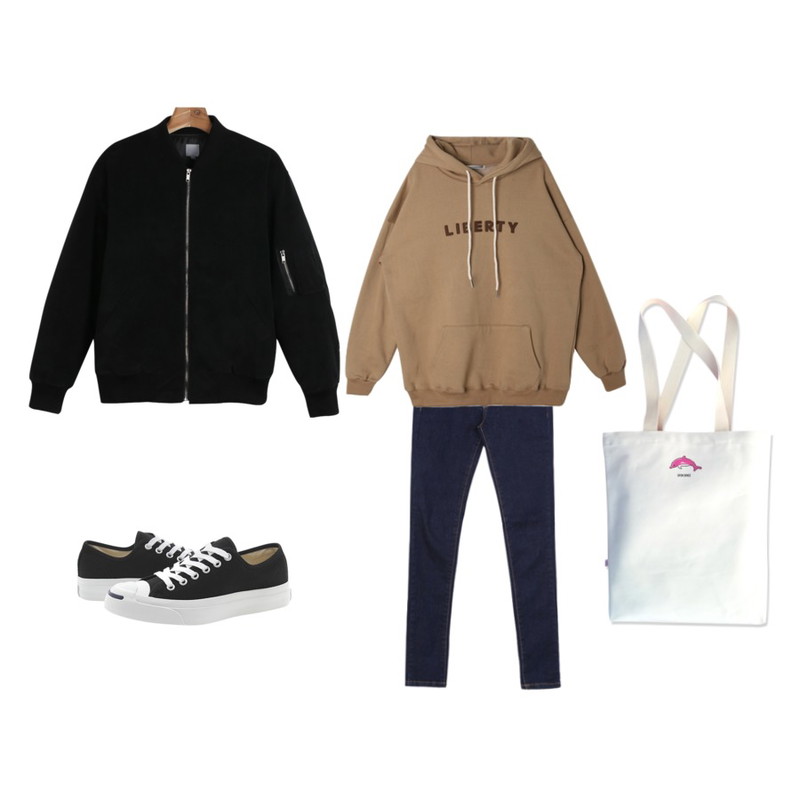 Player 컨버스 잭퍼셀 LTT 검흰 (CONVERSE JACK PURCELL LTT BLK/WHT),daily monday Needlework suede blouson,BANHALA 살빠진핏 팬츠등을 매치한 코디