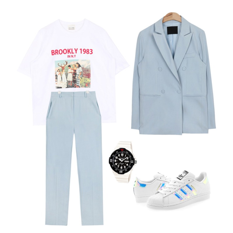 biznshoe Brookly vintage printing tee (2color),AIN howell straight double jacket (3 colors),AIN howell straight long slacks (3 colors)등을 매치한 코디