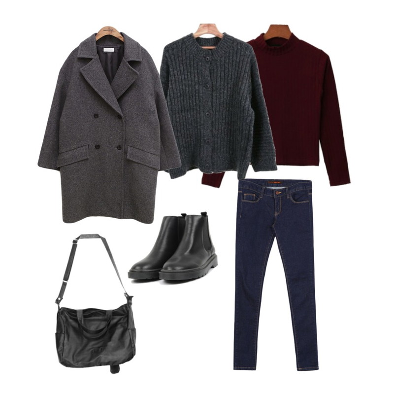 common unique [OUTER] OVER WOOL COAT,DORA 골지폴라반T,Zemma World 토스트 (cardigan)등을 매치한 코디