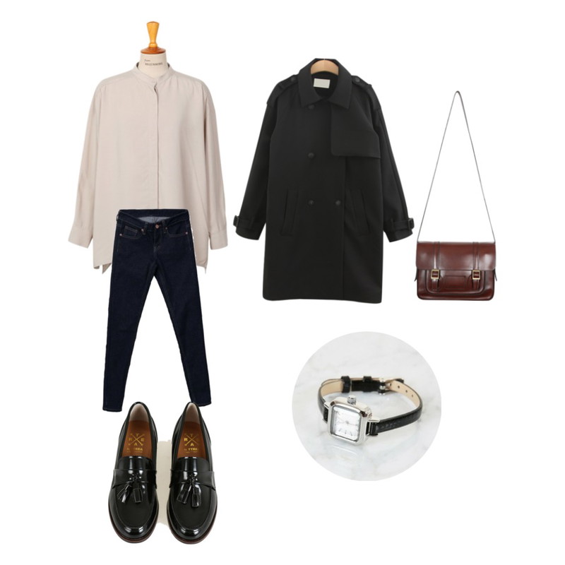 DORA 생지스키니P,From Beginning china Hidden button blouse_Y (size : free),TODAY ME [jacket]포니 트렌치코트등을 매치한 코디