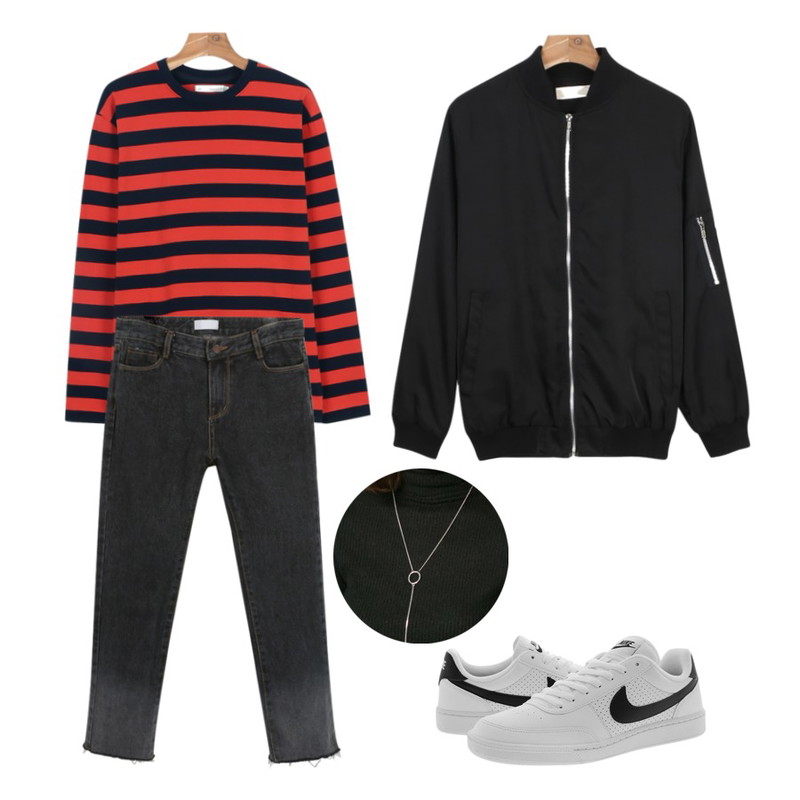 daily monday Gradation cut denim,daily monday Color basic blouson,daily monday Casual stripe tee등을 매치한 코디