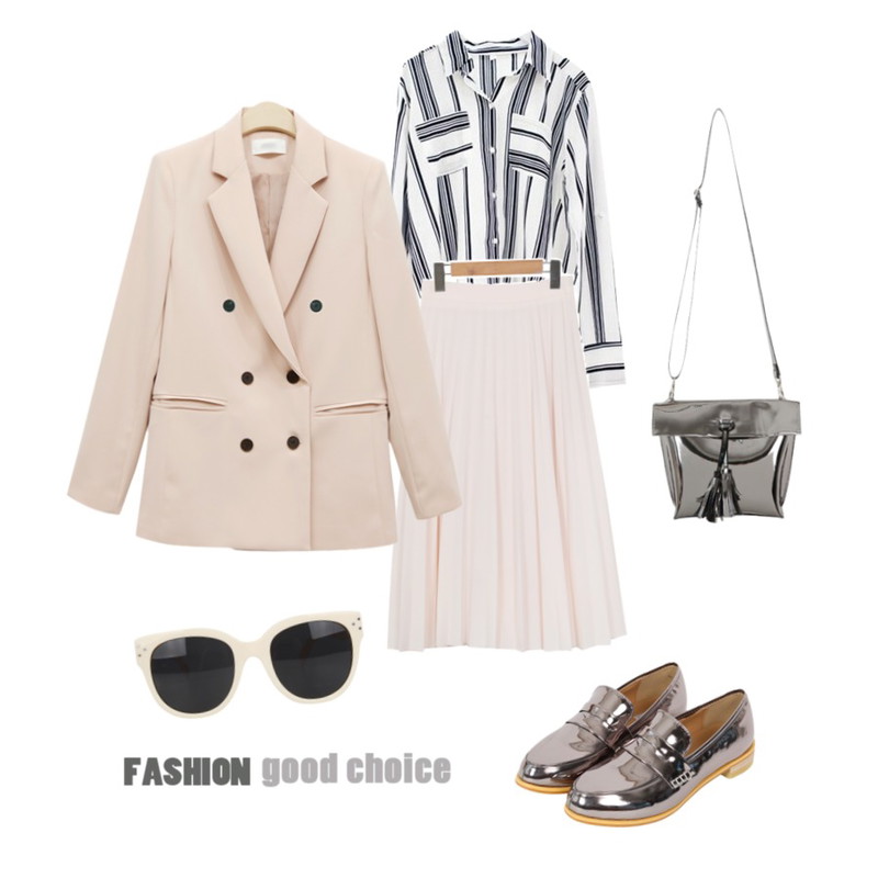 MIXXMIX 패턴 스트라이프 셔츠,From Beginning Pastel banding pleats skirt_P (size : free)[블랙 7일 입고예정],From Beginning Glossy basic penny loafer_Y (size :230,235,240,245,250)등을 매치한 코디