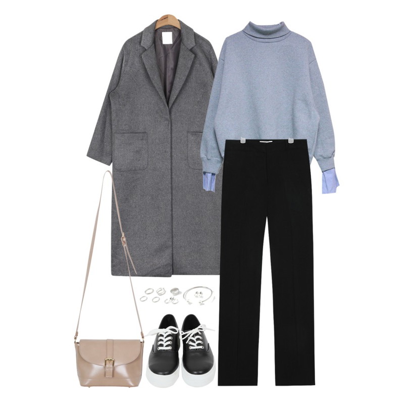 AIN long straight clean coat (3 colors)그레이/2/2-3일 입고예정,AIN howell straight long slacks (3 colors),MIND ME 커프스셔츠 맨투맨 (2color)등을 매치한 코디