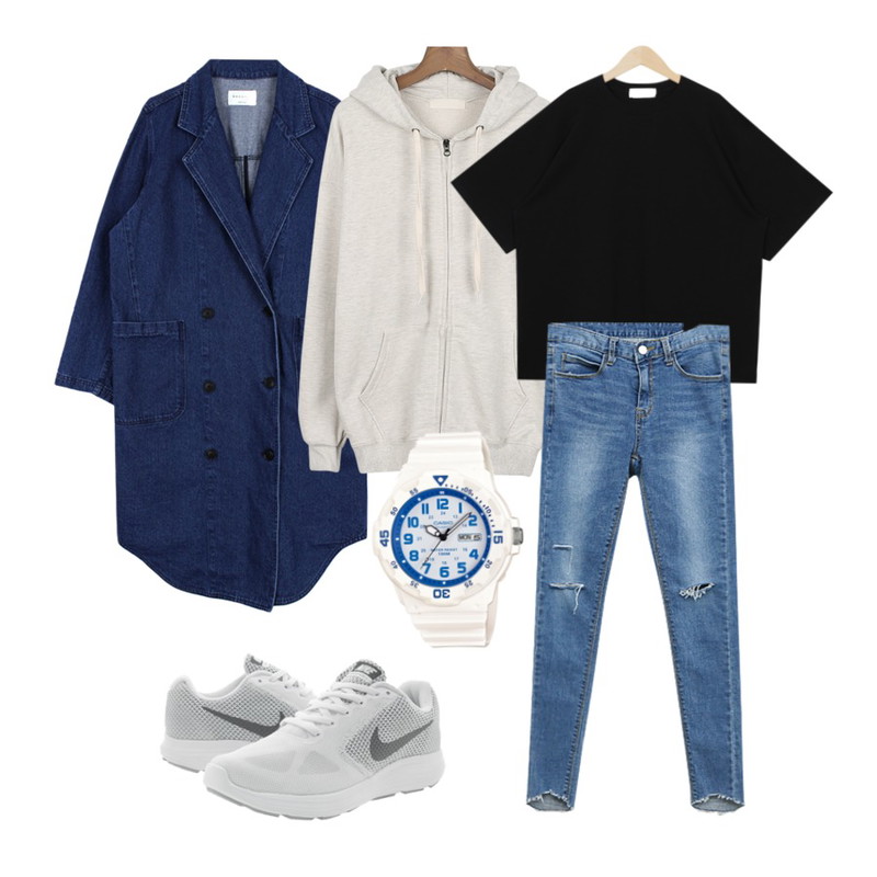 daily monday Muji daily hood zip-up[후드집업,집업,후드],biznshoe Denim long jacket,From Beginning Pale tone boxy T_P (size : free)등을 매치한 코디