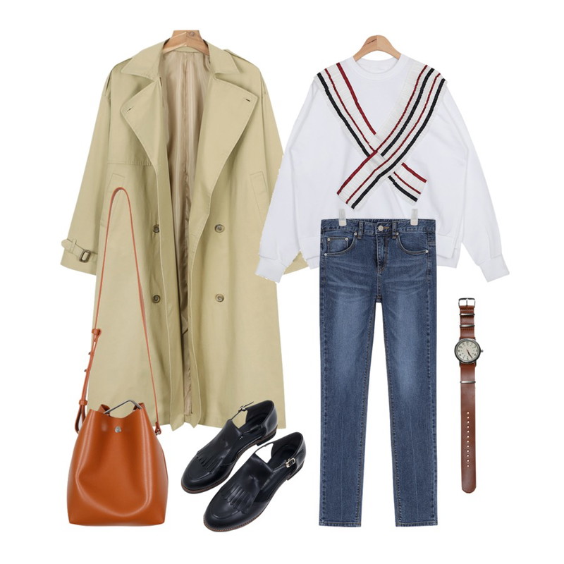 daily monday Daily classic trench coat,AIN london cross pleats detail mtm (3 colors),AIN slim straight basic denim pants등을 매치한 코디