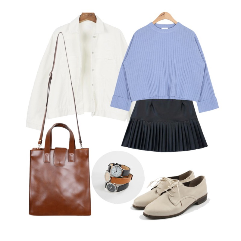 daily monday Damage washing boxy jacket,AIN roll-up sleeve crop knit (4 colors),MIXXMIX 플리츠 레더 스커트등을 매치한 코디