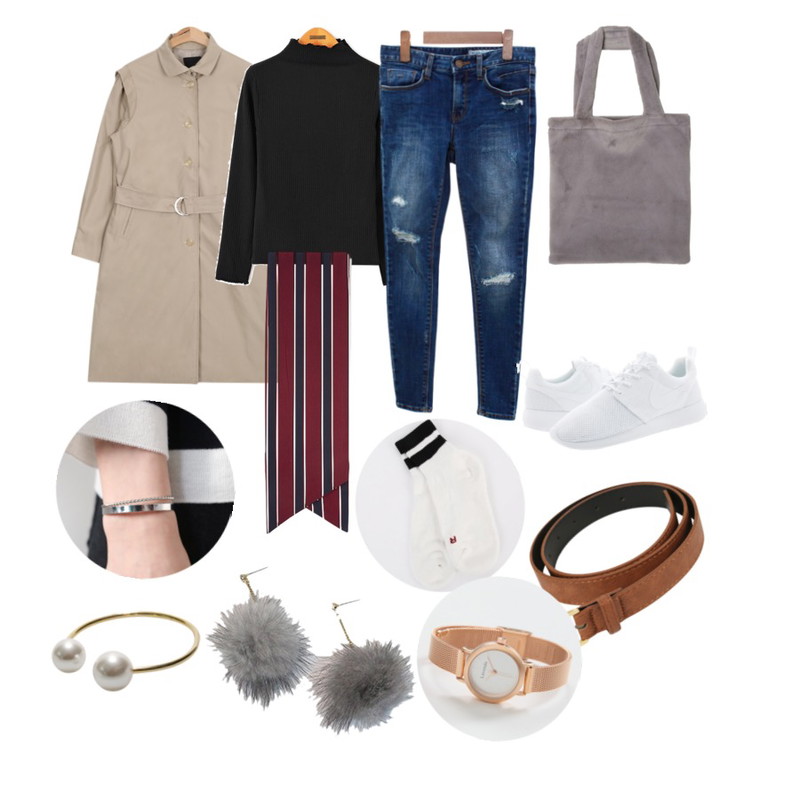 SOMEDAYS 351 데미지 스키니진,Reine 페브릭 슬림 하이넥 티,AIN D-ring single trench coat (2 colors)등을 매치한 코디