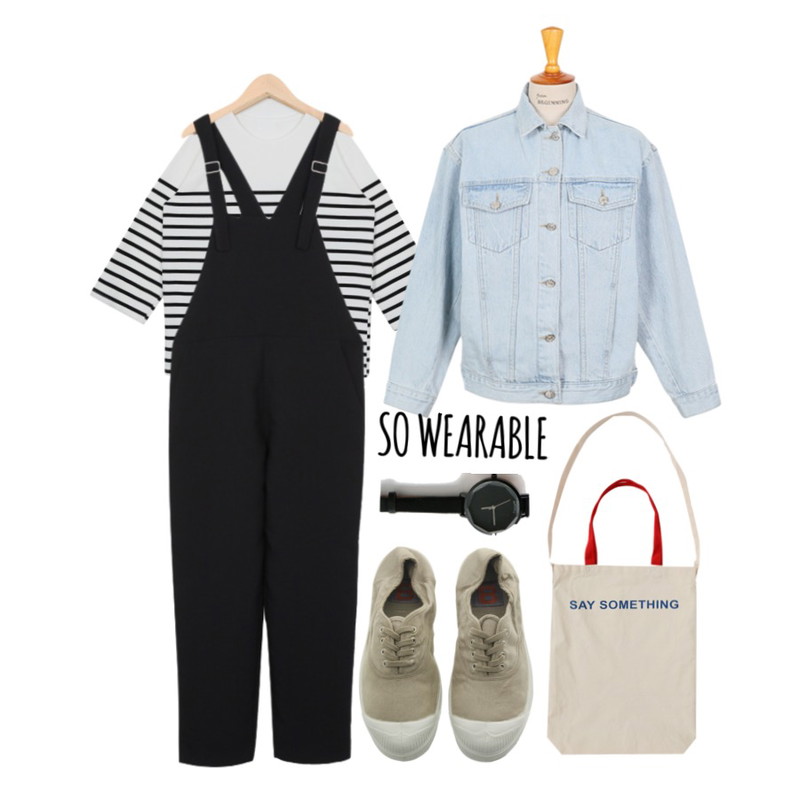 From Beginning Ice blue vintage denim jacket_Y (size : free),From Beginning Saint marine stripe T_B (size : free),From Beginning Simple overall pants_A  (size : free)등을 매치한 코디